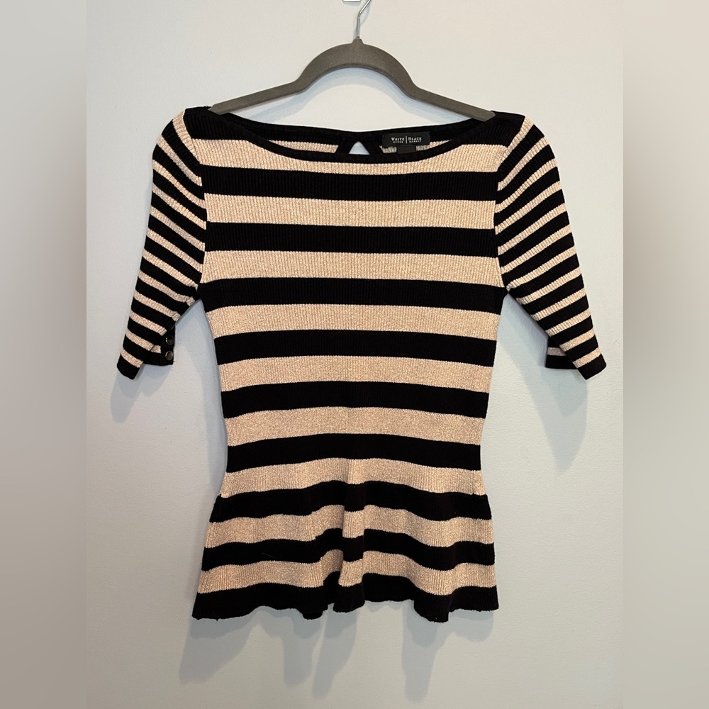 White House Black Market Black and Gold Knit Boat Neck Top